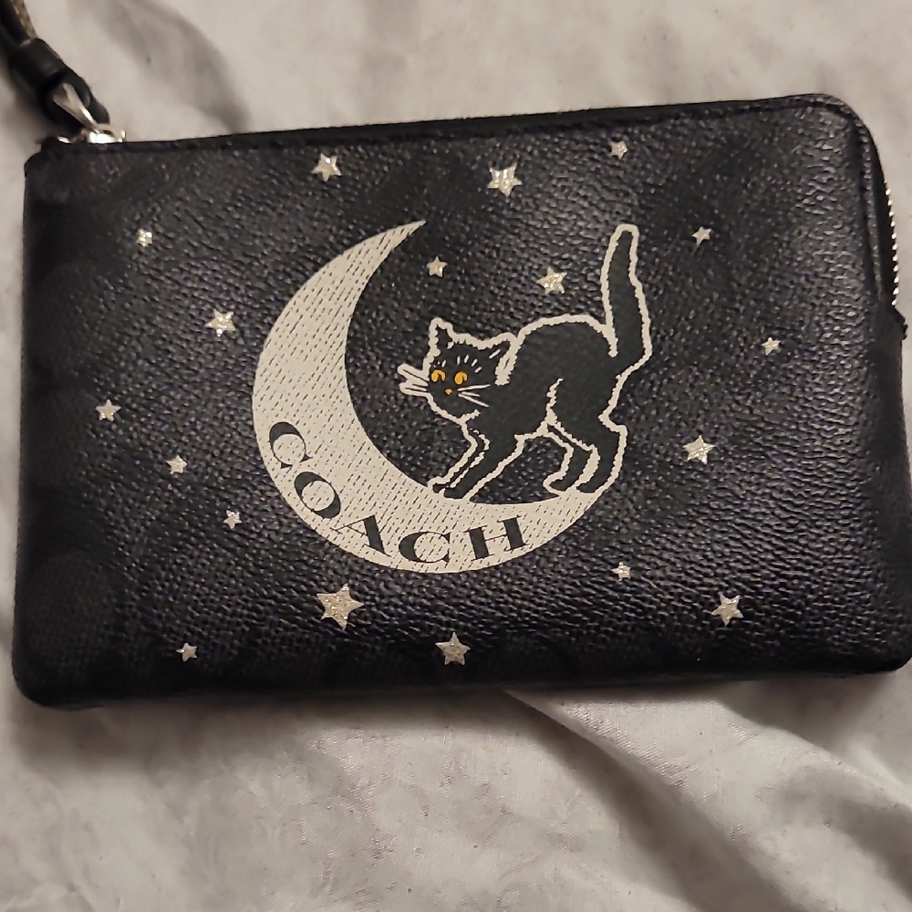 Coach Black Wristlet with Cat and Moon Design
